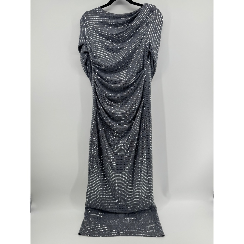 R&M Richards Silver Sequin Draped Cowl Neck Long Sleeve Formal Gown Dress Size 6
